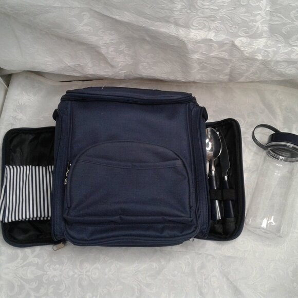 Lunch Bag Silverware Cloth Napkin Water Bottle Set Insulated Navy Blue 11" x 10" - Picture 6 of 14